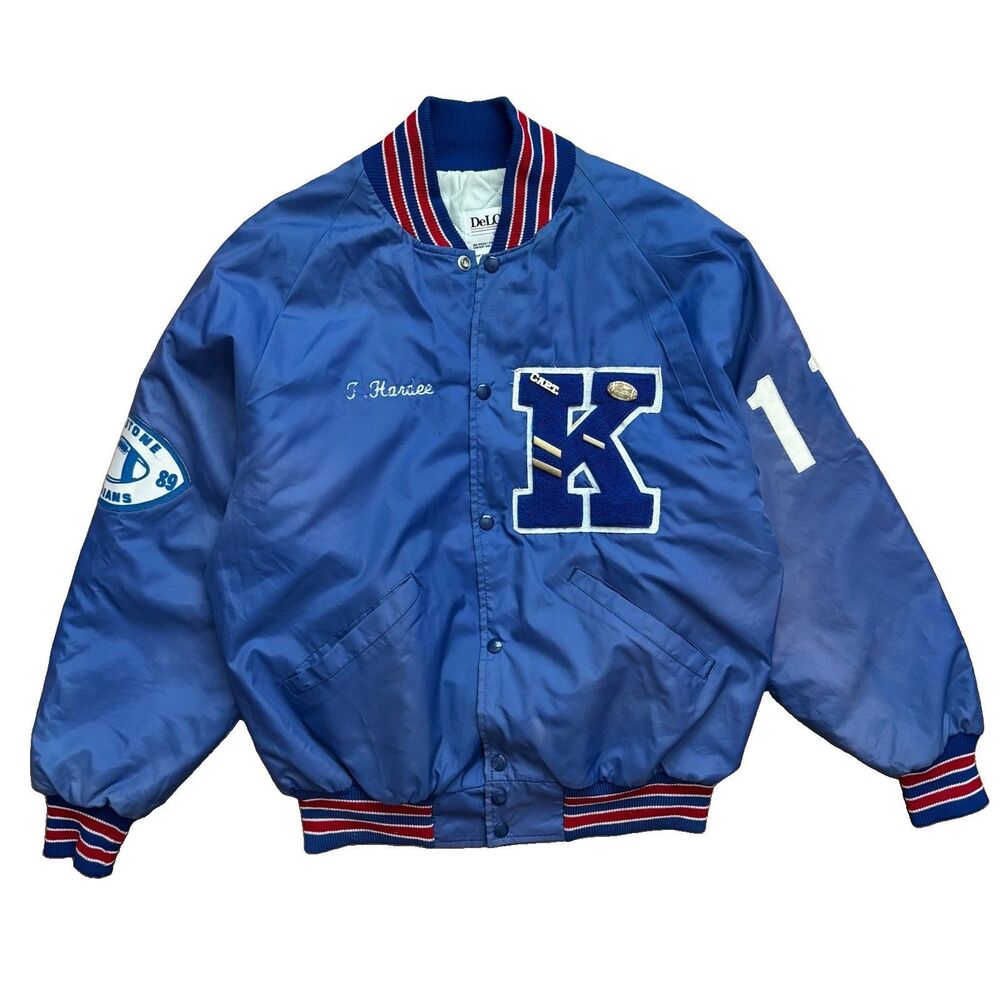 Vintage 80s DeLong Varsity Jacket L Keystone Indians Football 1989 Blue Satin